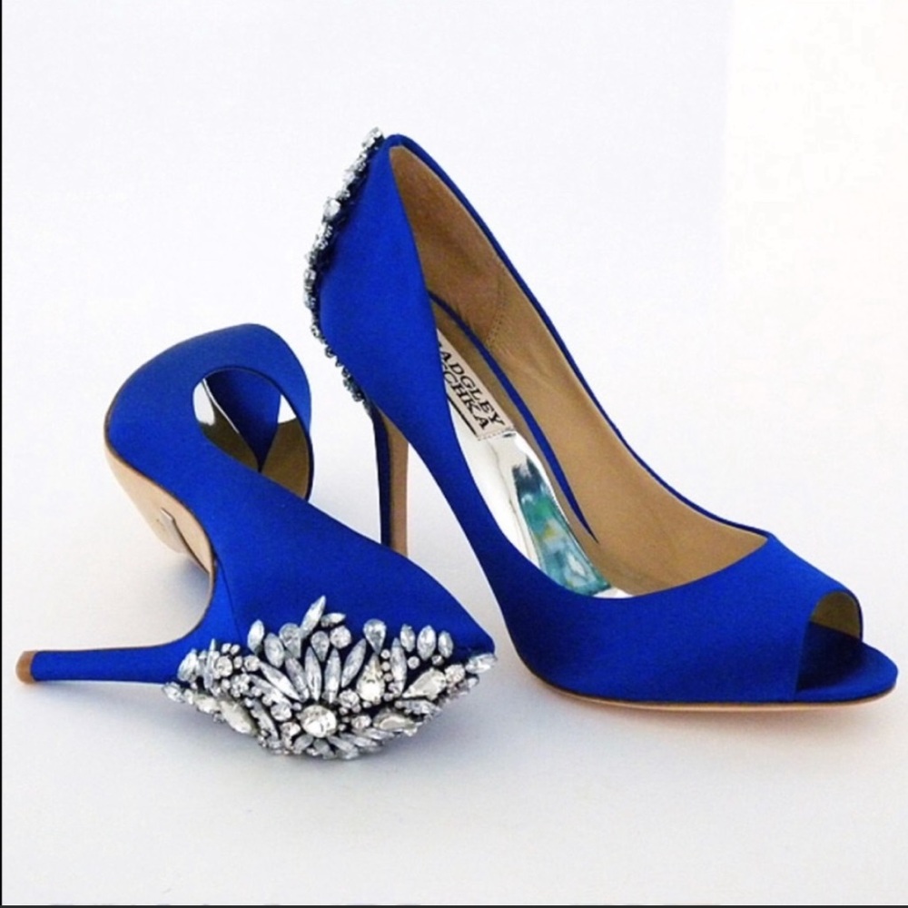 Badgley Bischka peep toe blue satin pumps